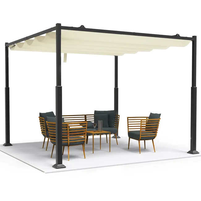 Pergola retractable 3x3m en metal et toile Polyester haute densite 180g/m2 beige - Image 1